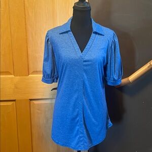 Women’s Preppy Chic Blue Top V-Neck Collar Shirt Puff Sleeve Sport-Chic Tunic M